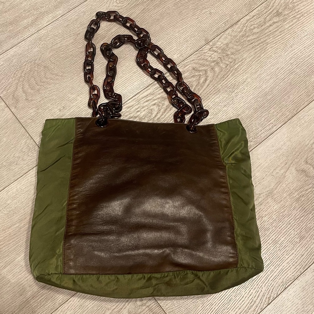 Prada brown leather with green nylon combo chain handle
